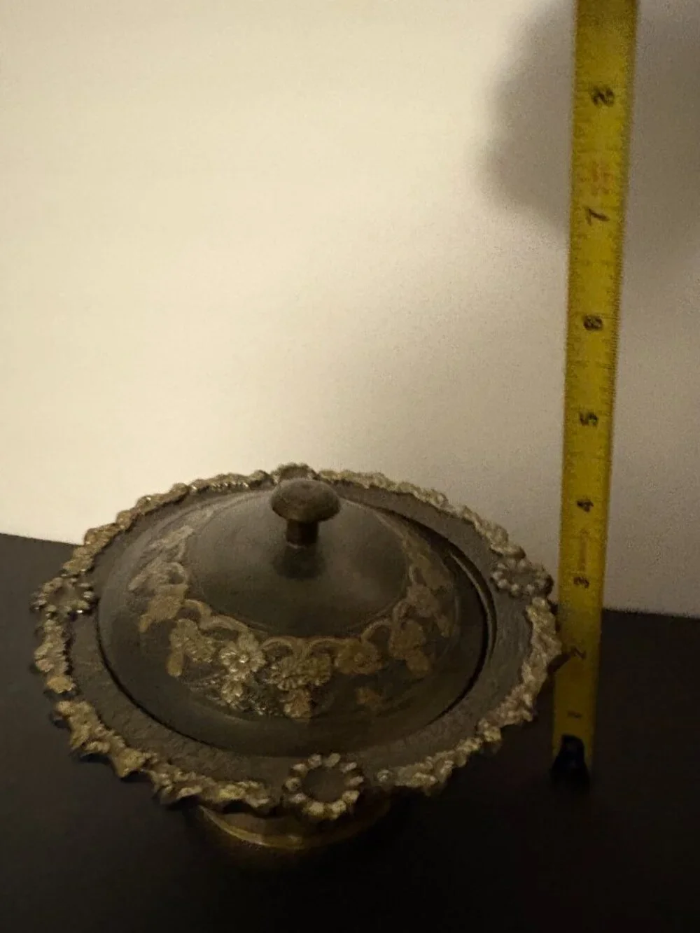 Vintage Black and Gold Enameled Embossed Brass Covered Tooted Dish